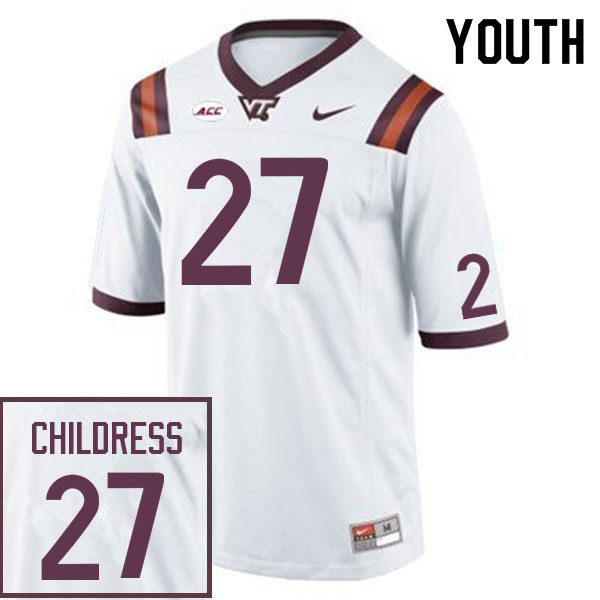Youth #27 Tyler Childress Virginia Tech Hokies College Football Jerseys Sale-White - Click Image to Close